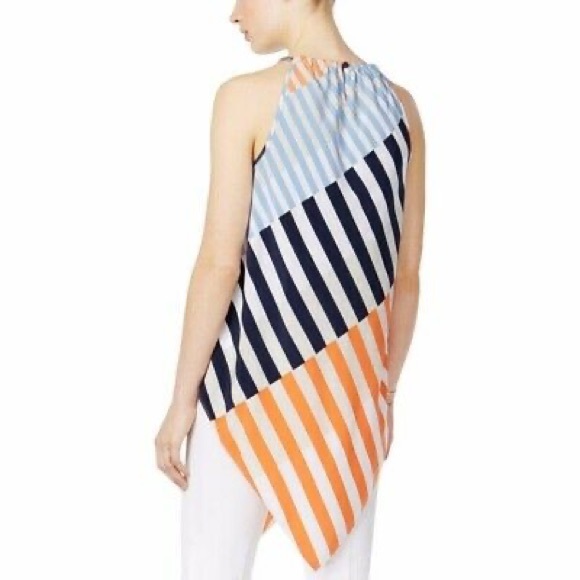 "ALFANI" MULTICOLOR STRIPED ASYMMETRICAL HALTER TUNIC BLOUSE TOP SIZE: S NWT - Picture 2 of 3